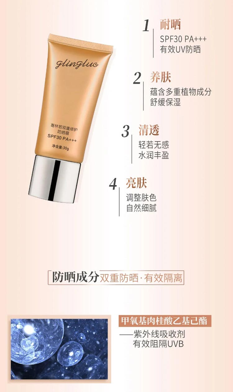葛林若双重修护防晒霜30ml功效与作用