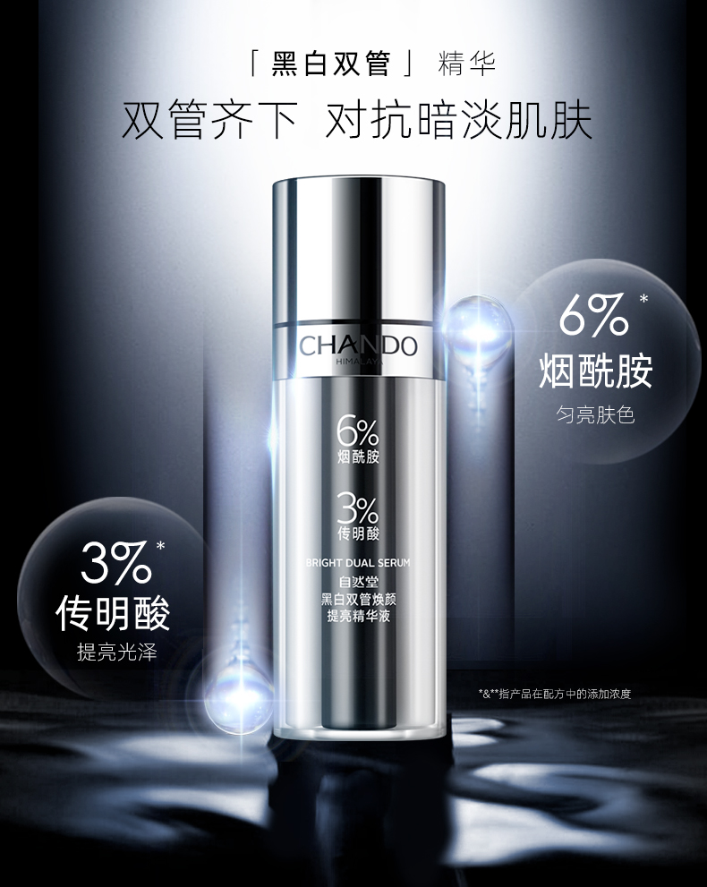 自然堂黑白双管焕颜提亮精华液36ml详情